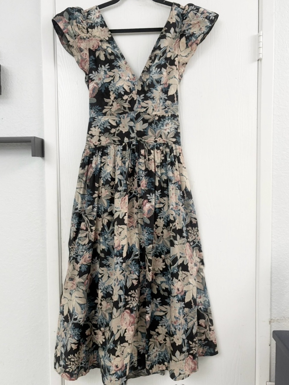 Rebecca Taylor La Vie Black Floral Plunging Tie Back Poplin Midi Dress Size M
